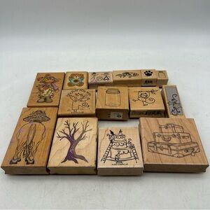 Lot Of 14 Vtg Wooden Stamps (Cows,Wedding,Vacation,Bear,Koi,Monkey,Star)